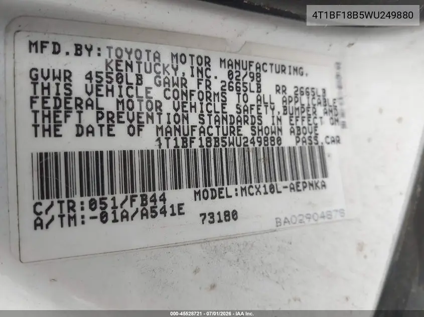 1998 Toyota Avalon Xl VIN: 4T1BF18B5WU249880 Lot: 45528721