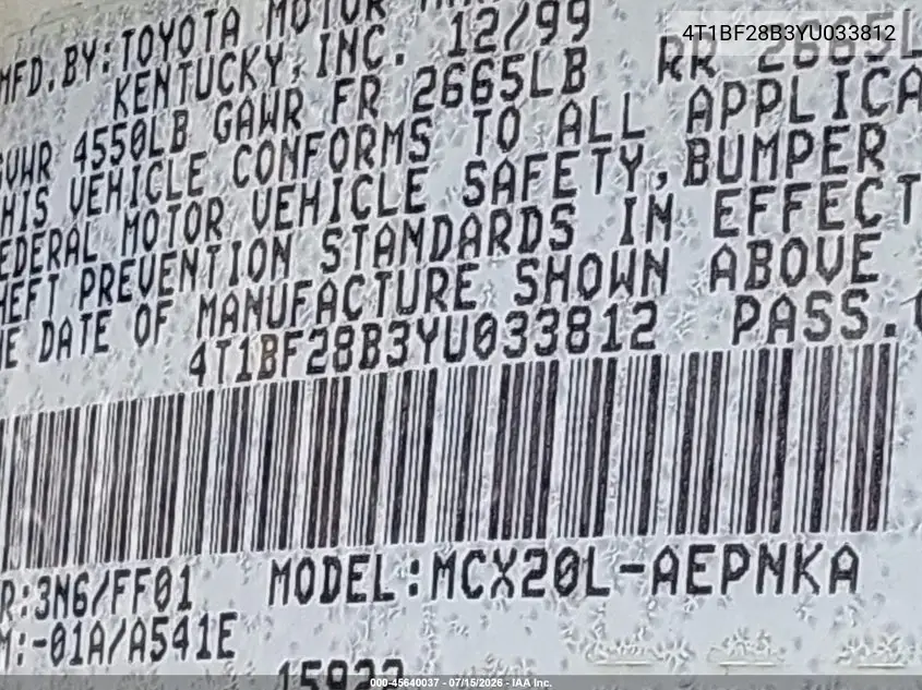 2000 Toyota Avalon Xl VIN: 4T1BF28B3YU033812 Lot: 45640037