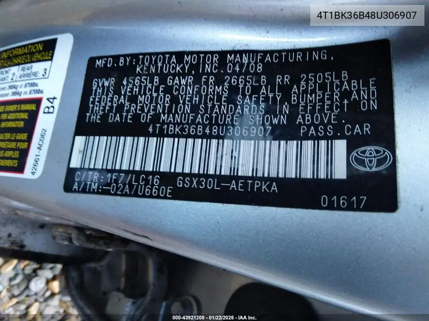 4T1BK36B48U306907 2008 Toyota Avalon Limited
