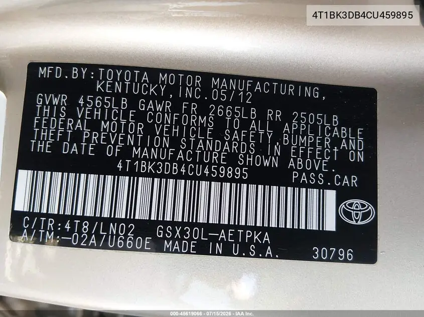 2012 Toyota Avalon Limited VIN: 4T1BK3DB4CU459895 Lot: 45619066