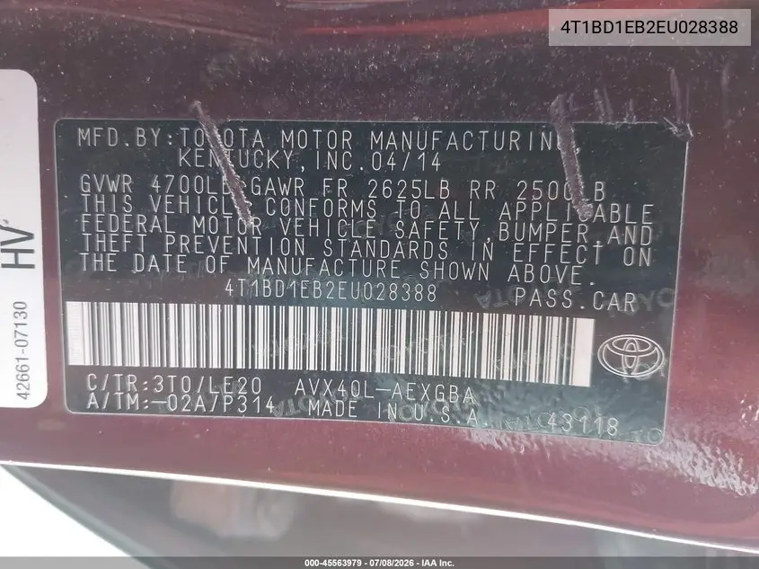 2014 Toyota Avalon Hybrid Xle Touring VIN: 4T1BD1EB2EU028388 Lot: 45563979
