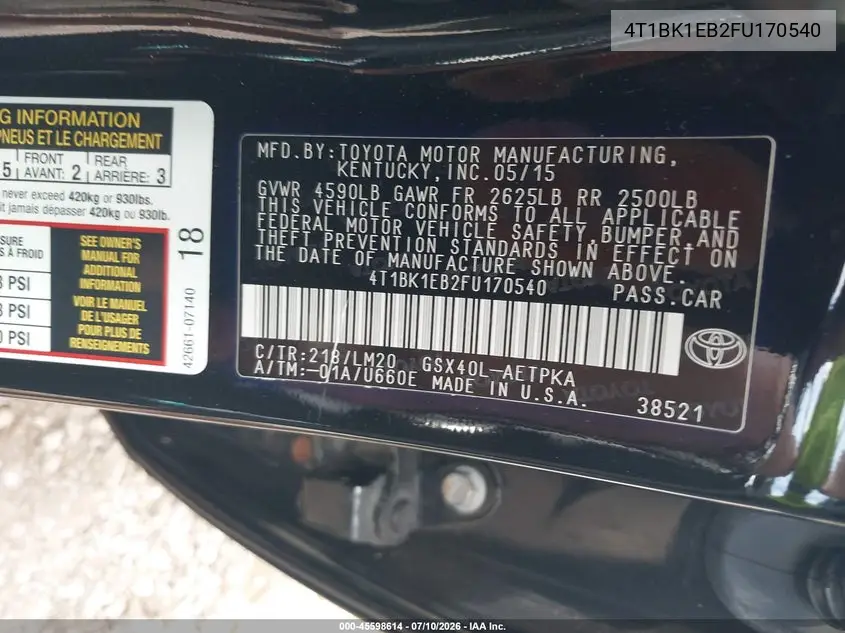 2015 Toyota Avalon Limited VIN: 4T1BK1EB2FU170540 Lot: 45598614