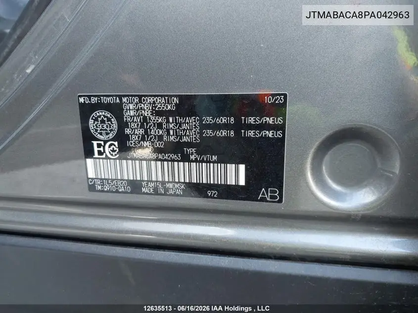 2023 Toyota Bz4X Xle VIN: JTMABACA8PA042963 Lot: 12635513