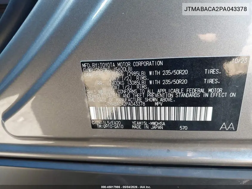 2023 Toyota Bz4X Limited VIN: JTMABACA2PA043378 Lot: 45017986