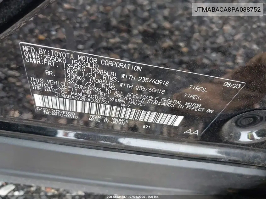 2023 Toyota Bz4X Xle VIN: JTMABACA8PA038752 Lot: 45531887