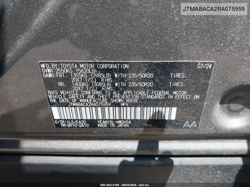 2024 Toyota Bz4X Limited VIN: JTMABACA2RA075959 Lot: 45272165