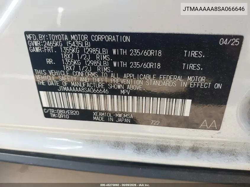 2025 Toyota Bz4X Xle VIN: JTMAAAAA8SA066646 Lot: 45270860