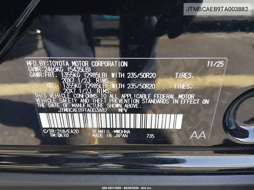 2026 Toyota Bz Limited VIN: JTMBCAEB9TA003882 Lot: 45313595