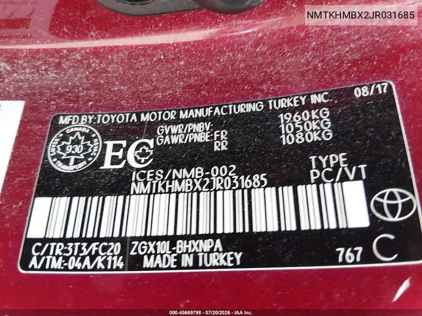 2018 Toyota C-Hr Xle VIN: NMTKHMBX2JR031685 Lot: 45669798