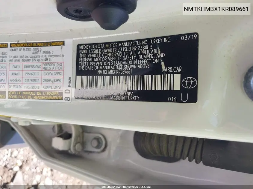 2019 Toyota C-Hr Le VIN: NMTKHMBX1KR089661 Lot: 45361352
