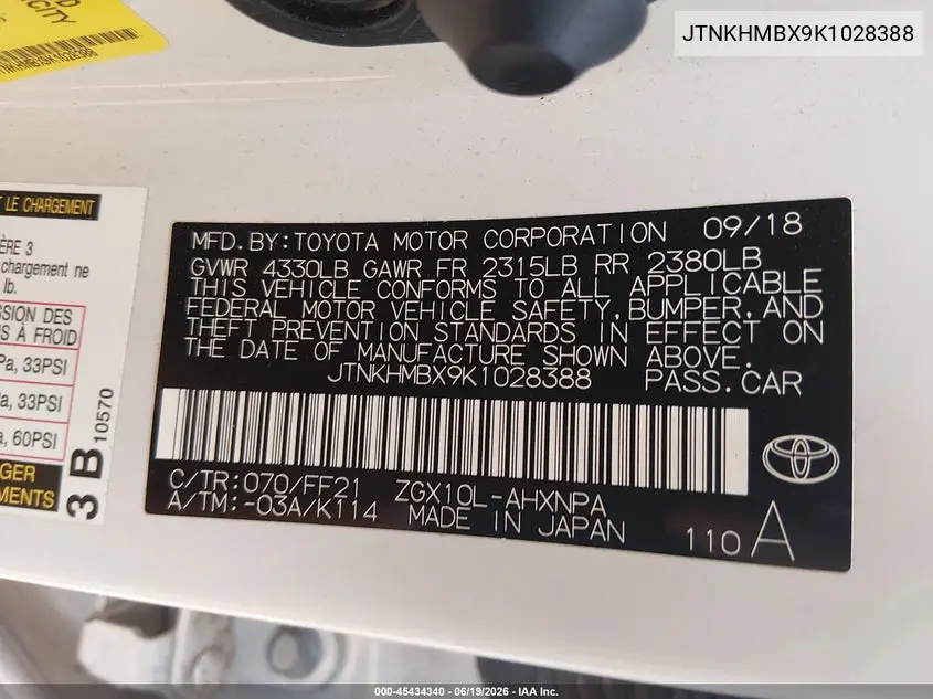2019 Toyota C-Hr Xle VIN: JTNKHMBX9K1028388 Lot: 45434340