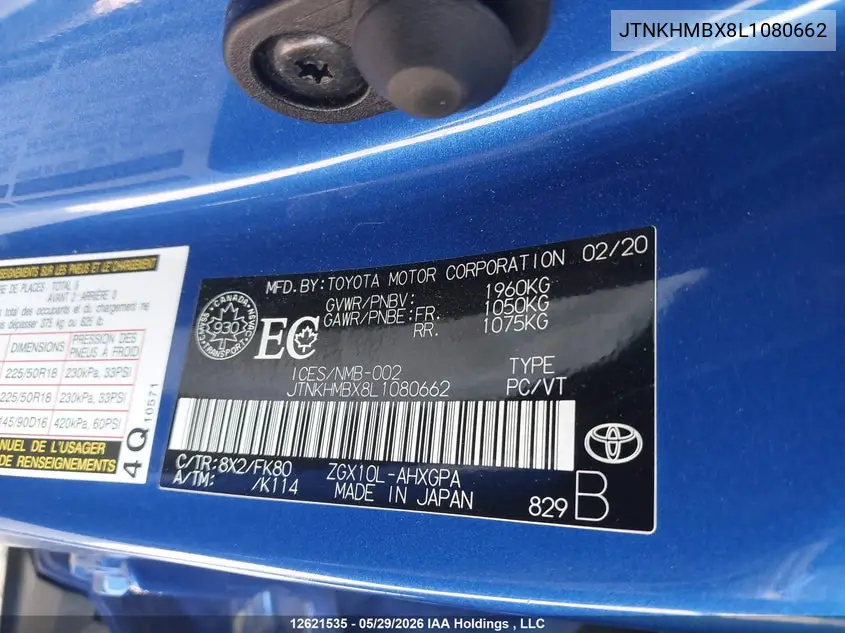 2020 Toyota C-Hr Le VIN: JTNKHMBX8L1080662 Lot: 12621535