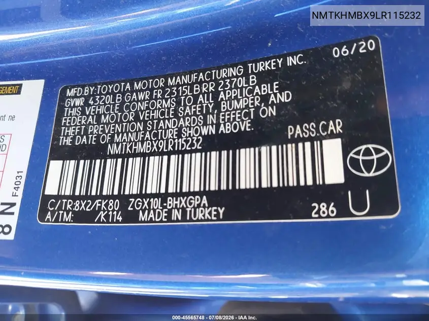 2020 Toyota C-Hr Xle VIN: NMTKHMBX9LR115232 Lot: 45565748