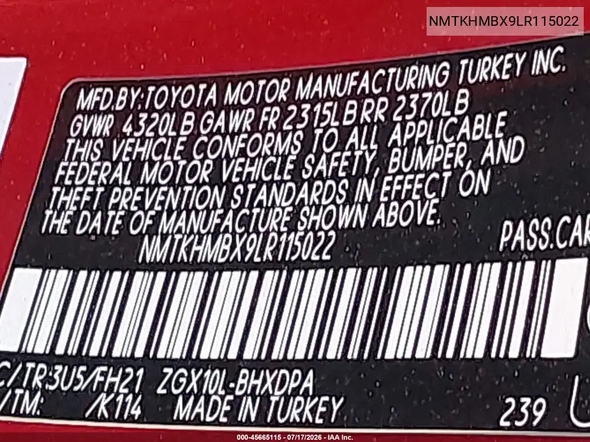 2020 Toyota C-Hr Le VIN: NMTKHMBX9LR115022 Lot: 45665115