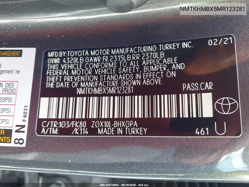 2021 Toyota C-Hr Xle VIN: NMTKHMBX5MR123281 Lot: 45376954