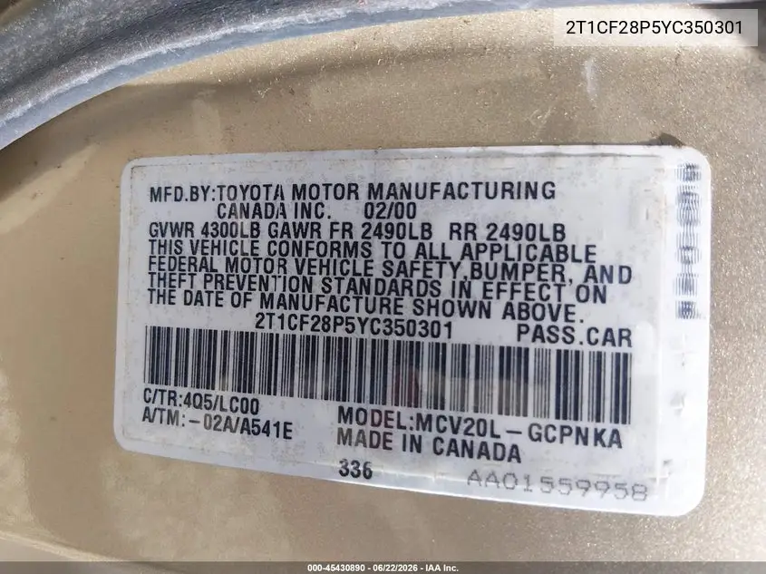 2000 Toyota Camry Solara Sle V6 VIN: 2T1CF28P5YC350301 Lot: 45430890
