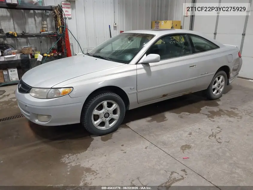 2000 Toyota Camry Solara Sle V6 VIN: 2T1CF22P3YC275929 Lot: 45433776