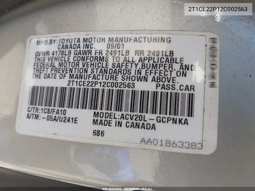 2002 Toyota Camry Solara Se VIN: 2T1CE22P12C002563 Lot: 45384548