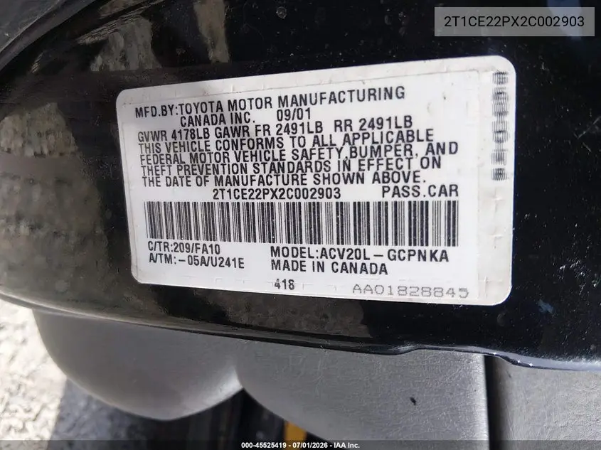 2002 Toyota Camry Solara Se VIN: 2T1CE22PX2C002903 Lot: 45525419