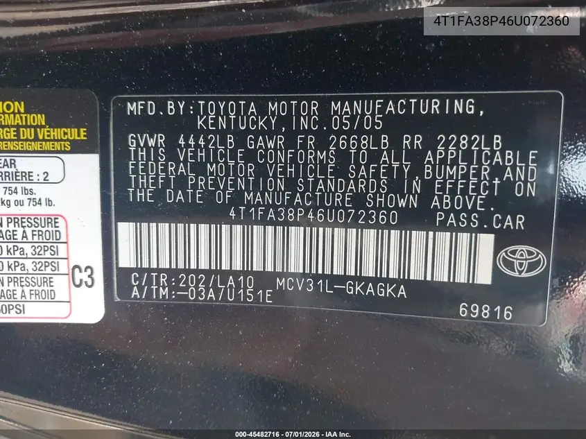 2006 Toyota Camry Solara Sle VIN: 4T1FA38P46U072360 Lot: 45482716