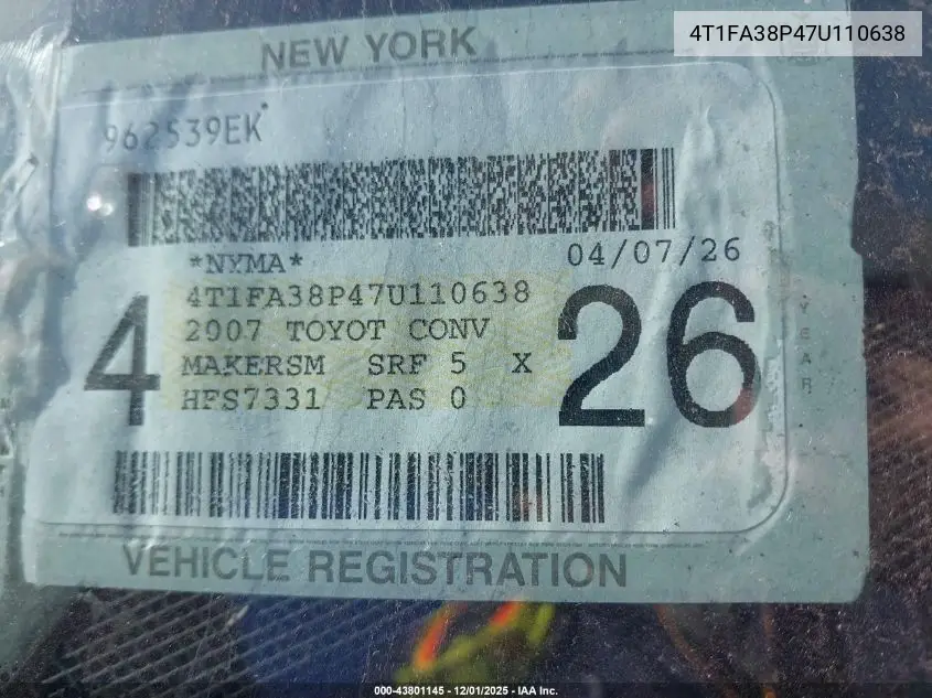 4T1FA38P47U110638 2007 Toyota Camry Solara Se
