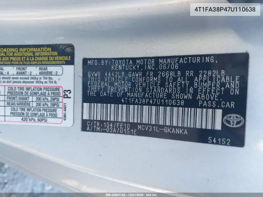 4T1FA38P47U110638 2007 Toyota Camry Solara Se
