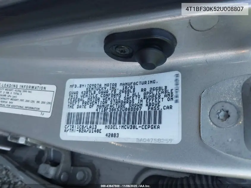 4T1BF30K52U008807 2002 Toyota Camry Xle V6