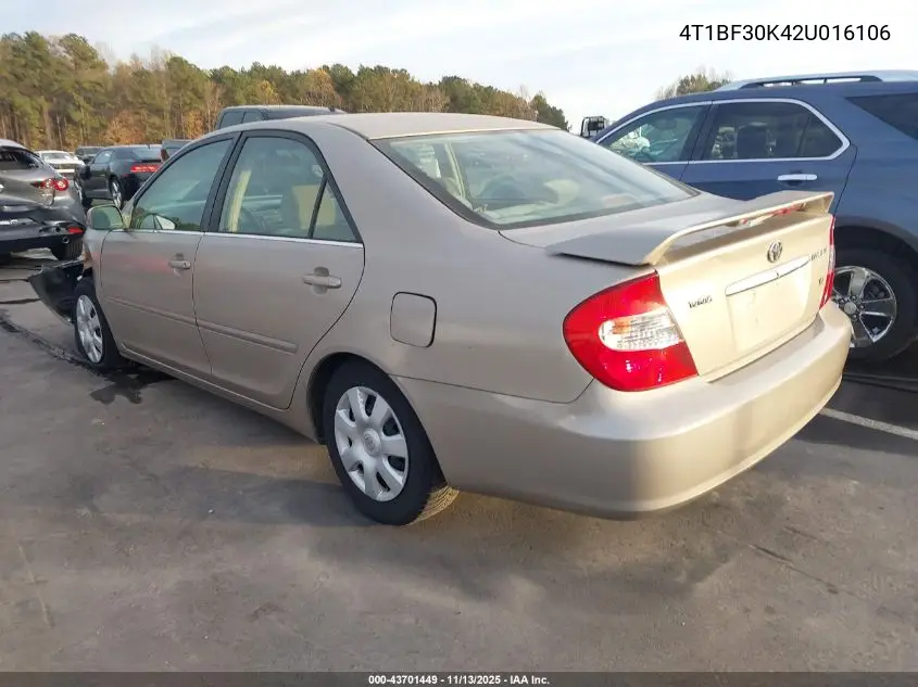 4T1BF30K42U016106 2002 Toyota Camry Le V6