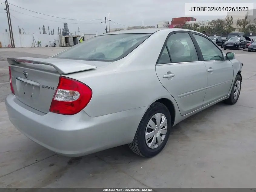 2004 Toyota Camry Le VIN: JTDBE32K640265523 Lot: 45457572