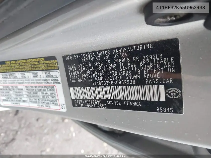 2005 Toyota Camry Std VIN: 4T1BE32K65U962938 Lot: 45436403