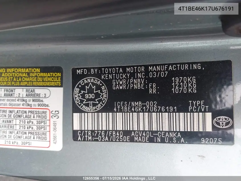 2007 Toyota Camry Le/Se VIN: 4T1BE46K17U676191 Lot: 12655356x