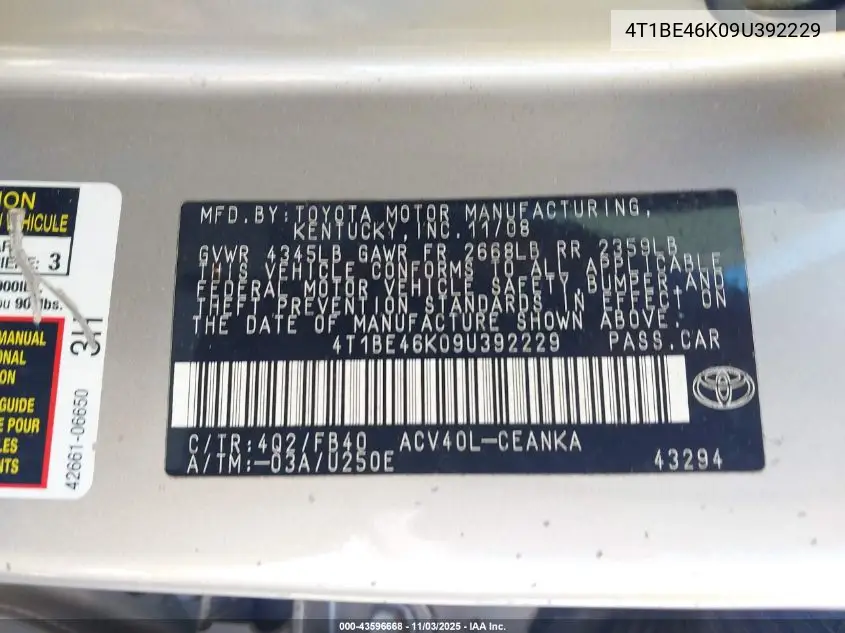 4T1BE46K09U392229 2009 Toyota Camry Le