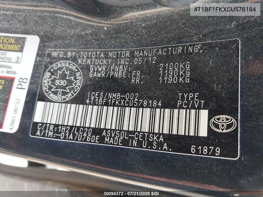2012 Toyota Camry Se/Le/Xle VIN: 4T1BF1FKXCU578184 Lot: 30094372