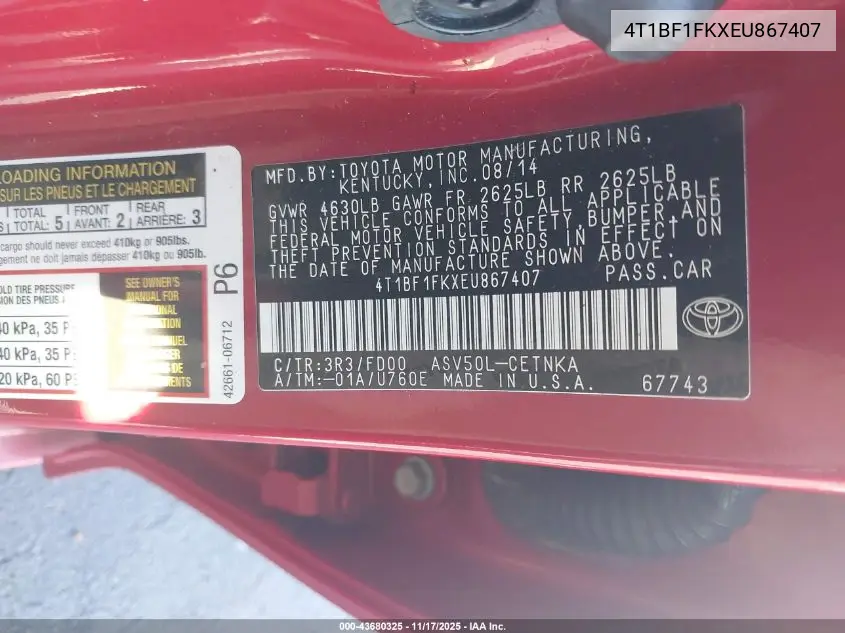 4T1BF1FKXEU867407 2014 Toyota Camry Le