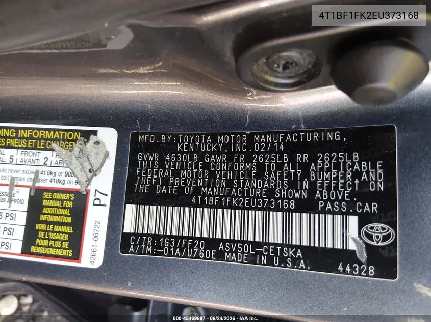 2014 Toyota Camry Se VIN: 4T1BF1FK2EU373168 Lot: 45469697