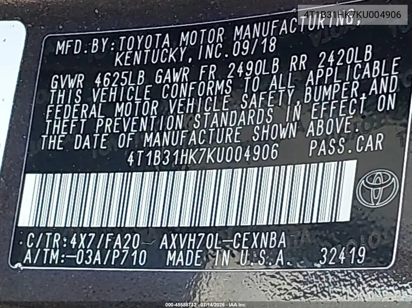 2019 Toyota Camry Hybrid Le VIN: 4T1B31HK7KU004906 Lot: 45588732