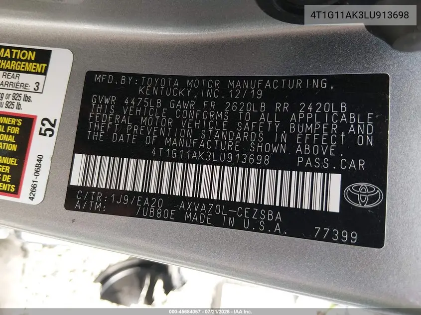 2020 Toyota Camry Se VIN: 4T1G11AK3LU913698 Lot: 45684067