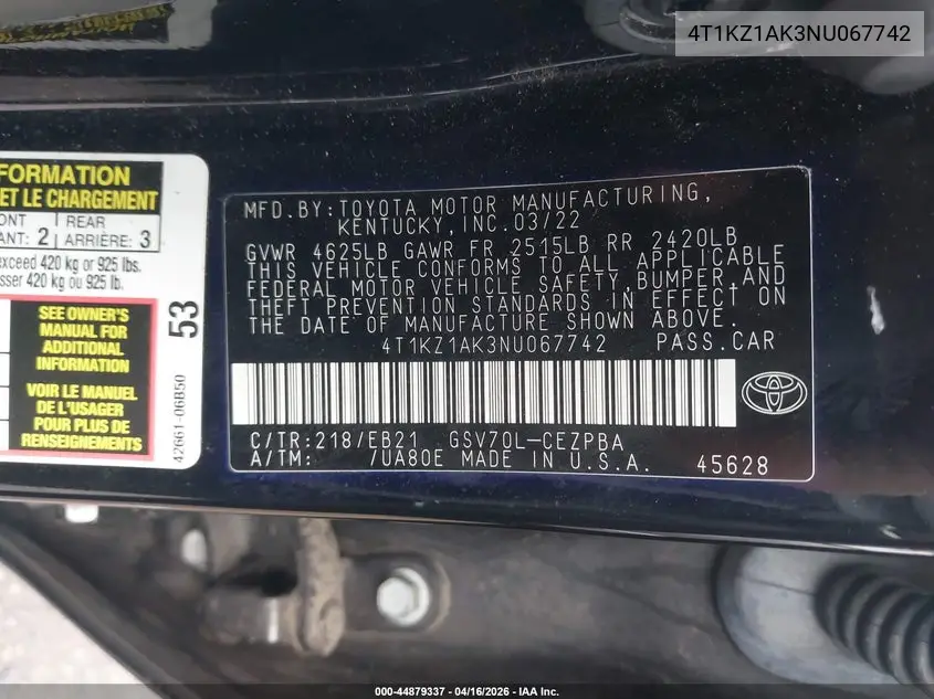 4T1KZ1AK3NU067742 2022 Toyota Camry Trd
