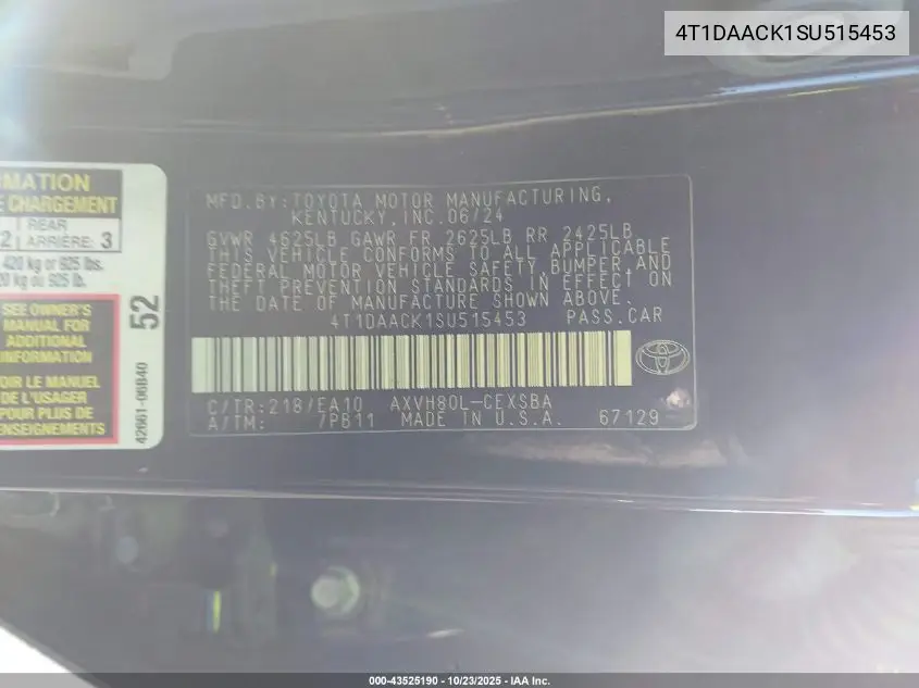 4T1DAACK1SU515453 2025 Toyota Camry Se