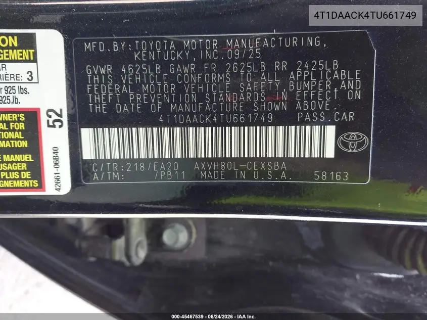 2026 Toyota Camry Se VIN: 4T1DAACK4TU661749 Lot: 45467539