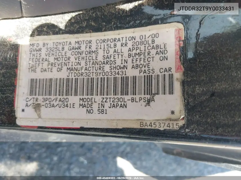 2000 Toyota Celica Gt VIN: JTDDR32T9Y0033431 Lot: 45469303