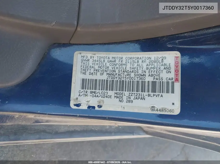 2000 Toyota Celica Gts VIN: JTDDY32T5Y0017360 Lot: 45597442