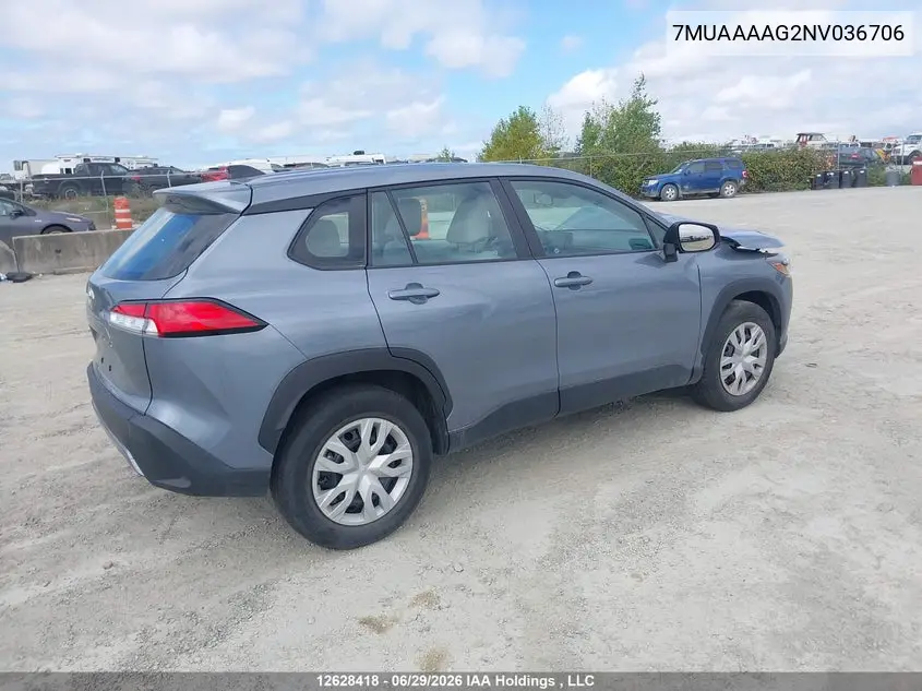 2022 Toyota Corolla Cross L VIN: 7MUAAAAG2NV036706 Lot: 12628418
