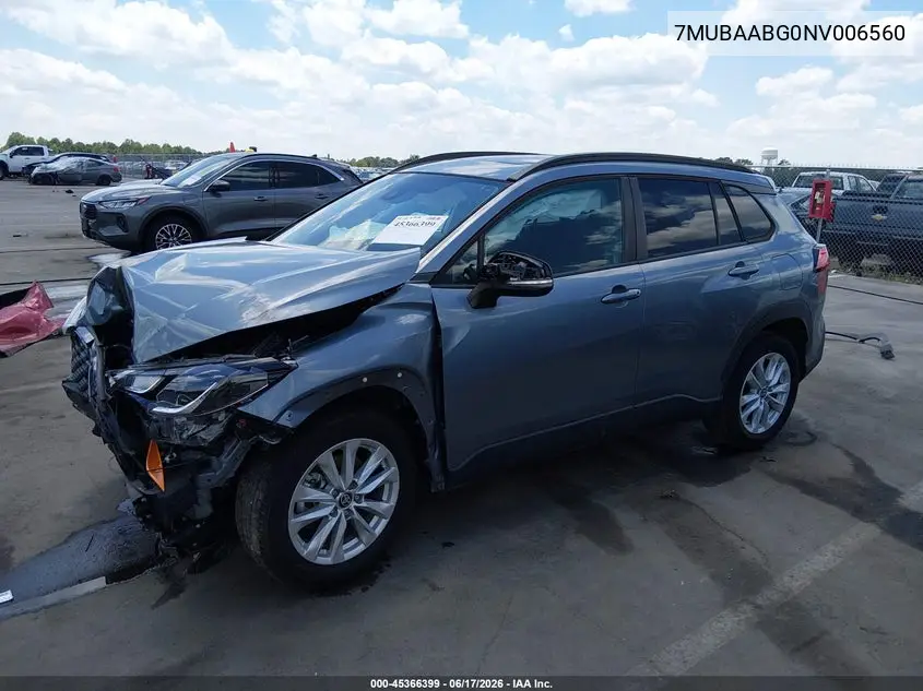 2022 Toyota Corolla Cross Le VIN: 7MUBAABG0NV006560 Lot: 45366399