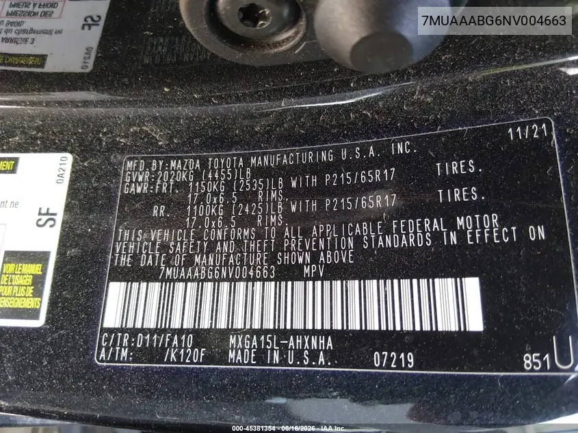 2022 Toyota Corolla Cross L VIN: 7MUAAABG6NV004663 Lot: 45381354