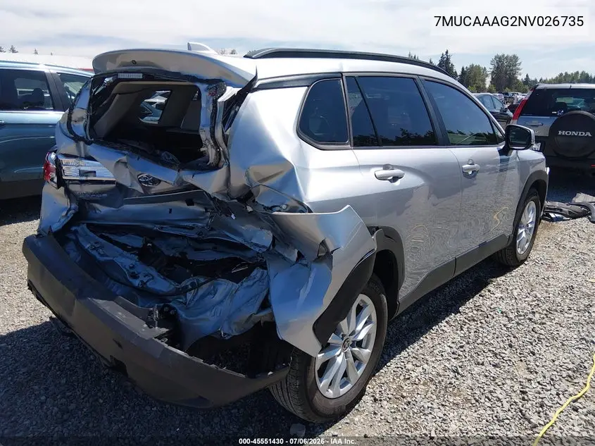 2022 Toyota Corolla Cross Le VIN: 7MUCAAAG2NV026735 Lot: 45551430