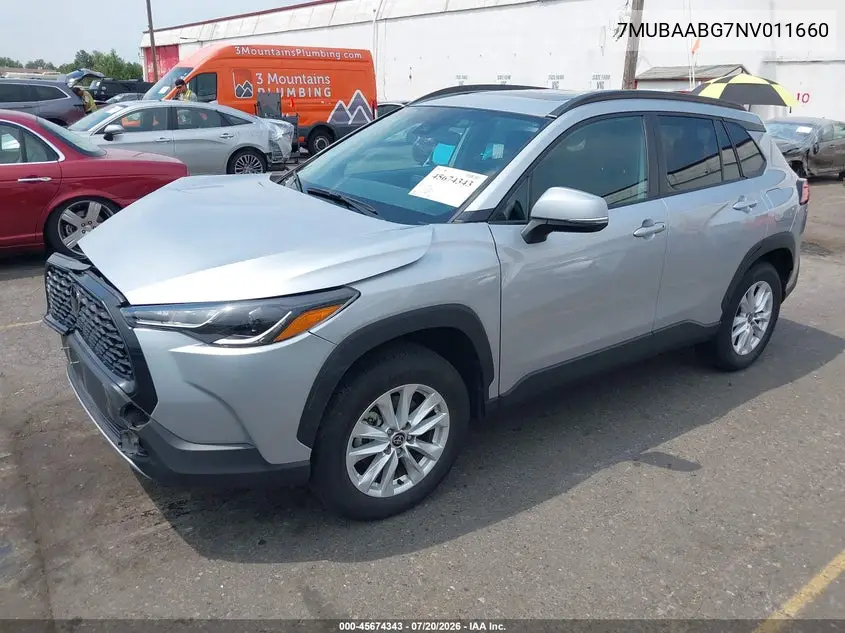 2022 Toyota Corolla Cross Le VIN: 7MUBAABG7NV011660 Lot: 45674343