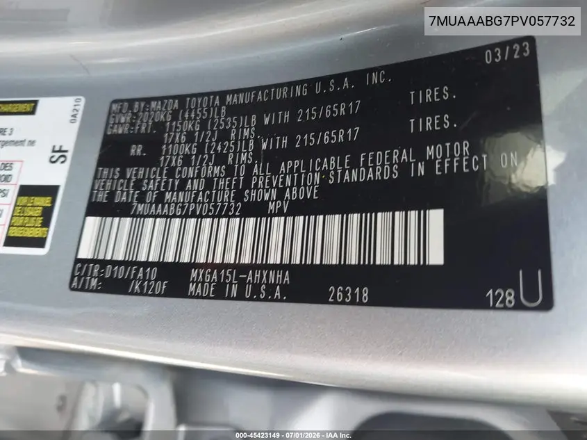 2023 Toyota Corolla Cross L VIN: 7MUAAABG7PV057732 Lot: 45423149