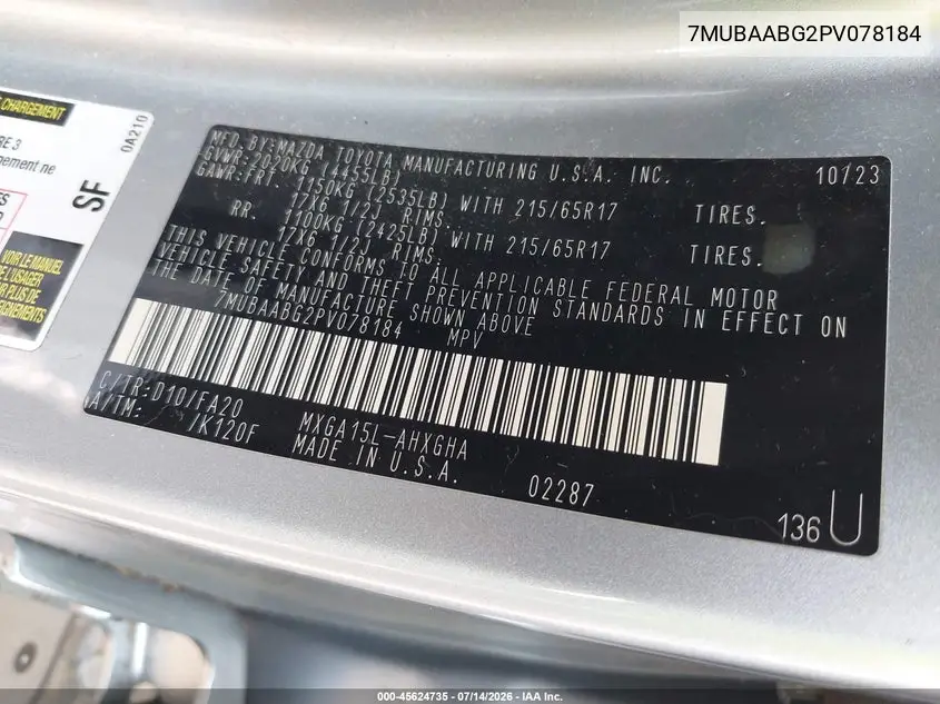 2023 Toyota Corolla Cross Le VIN: 7MUBAABG2PV078184 Lot: 45624735