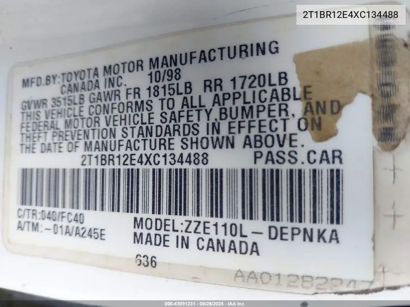 2T1BR12E4XC134488 1999 Toyota Corolla Le